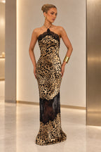 Bold Sheath Halter Sleeveless Open Back Leopard Maxi Evening Dress