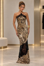 Leopard print halter sleeveless maxi evening dress with black lace details