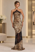 Bold Sheath Halter Sleeveless Open Back Leopard Maxi Evening Dress