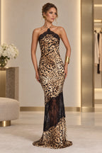 Bold Sheath Halter Sleeveless Open Back Leopard Maxi Evening Dress