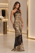 Bold Sheath Halter Sleeveless Open Back Leopard Maxi Evening Dress