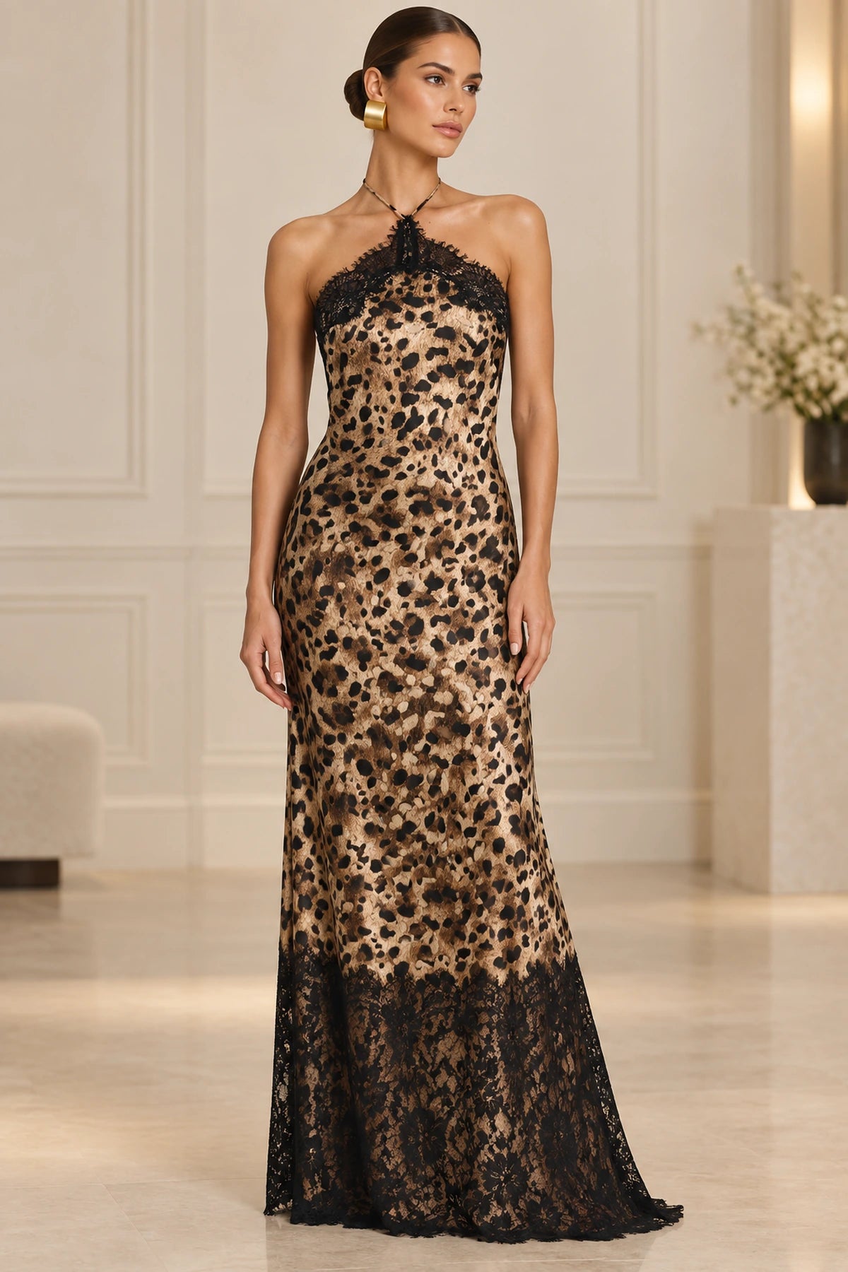 Bold Sheath Halter Sleeveless Open Back Leopard Maxi Evening Dress