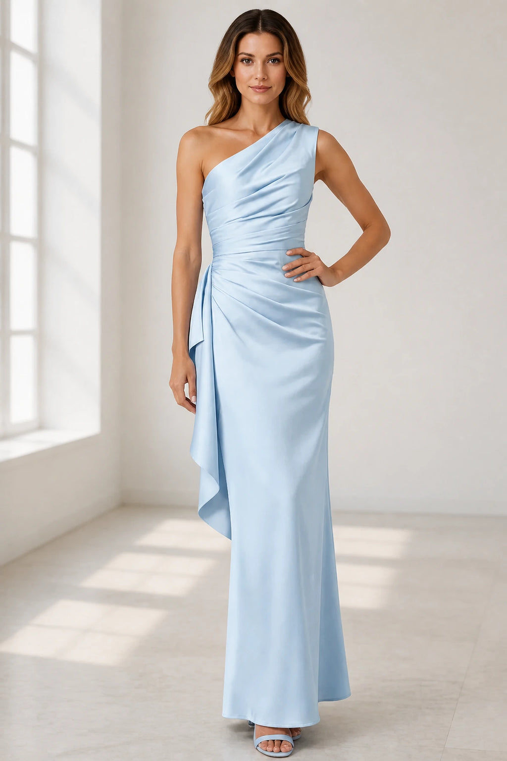 Light blue satin one shoulder bridesmaid dress with ruched bodice and draped side sash by Graceprom