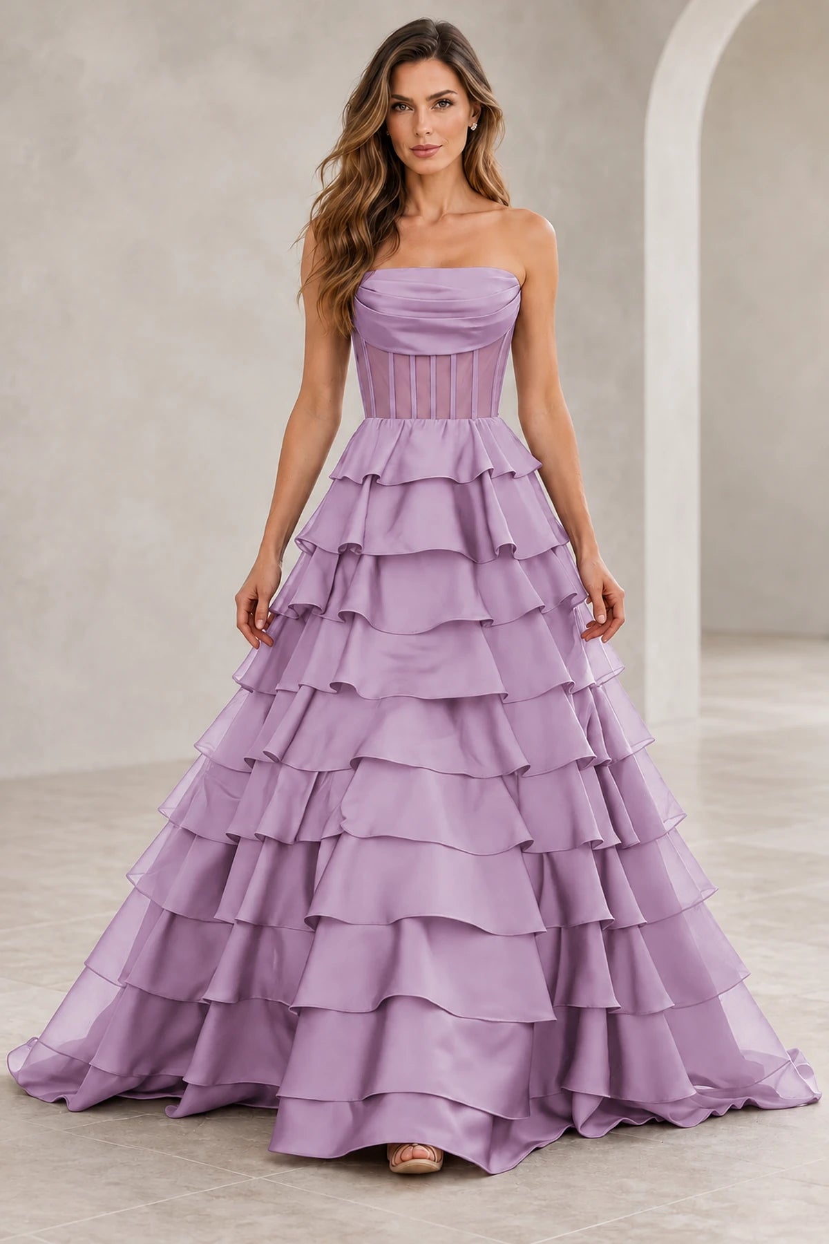 Dreamy A Line Strapless Straight Neck Lace Up Long Prom Dress