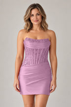 Elegant Sheath Straight Neck Strapless Lace-Up Back Mini Homecoming Dress