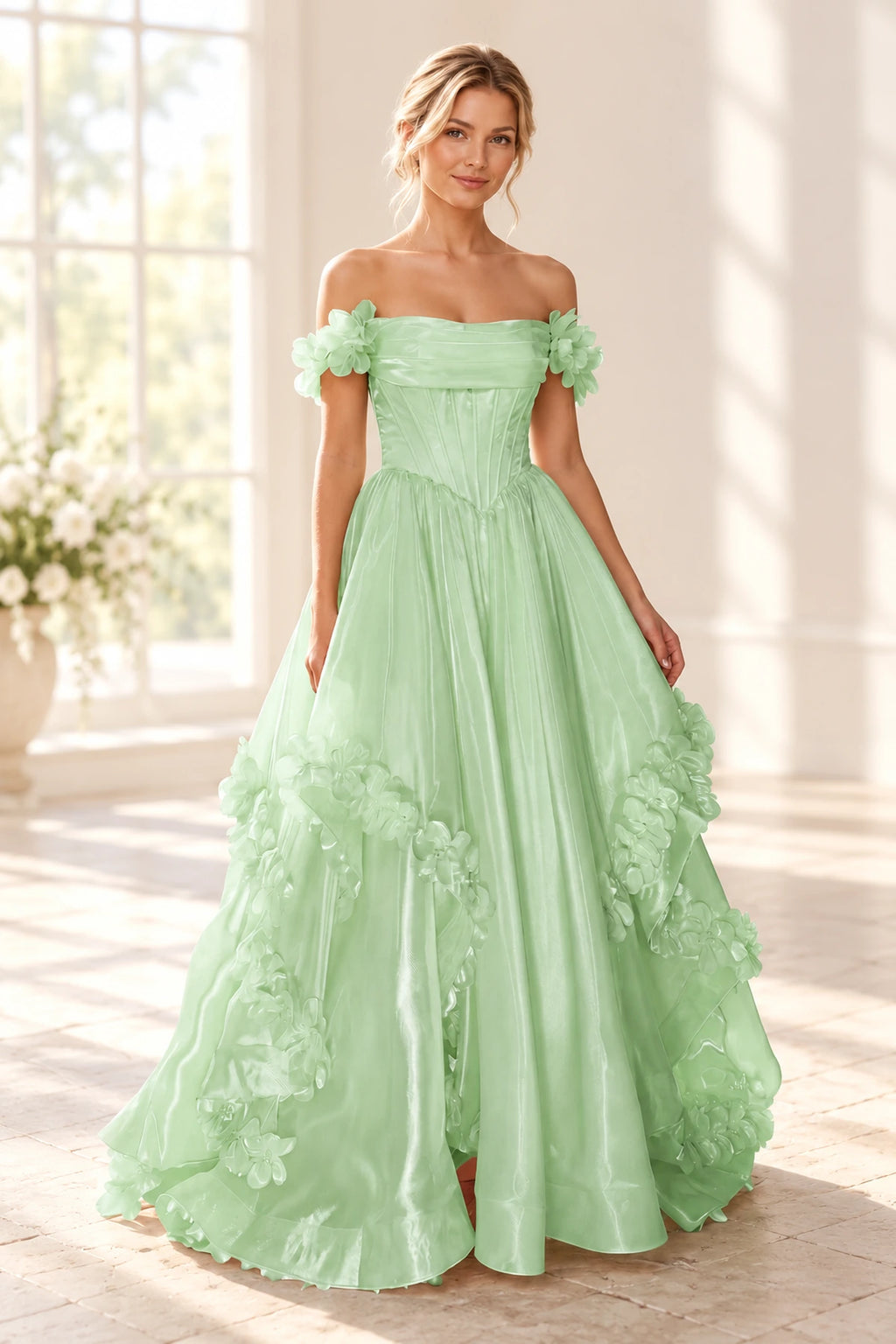 Romantic A Line Off Shoulder Lace Up Floor Length Prom Dress