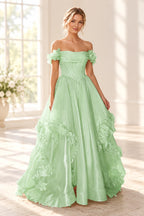 Romantic A Line Off Shoulder Lace Up Floor Length Prom Dress