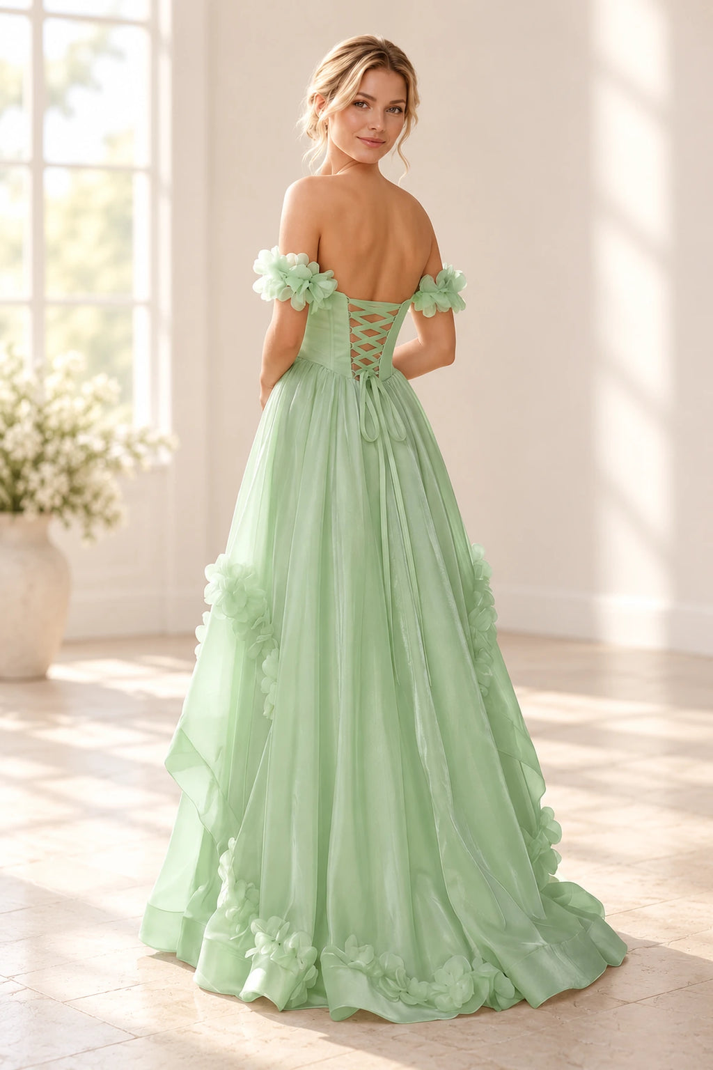 Romantic A Line Off Shoulder Lace Up Floor Length Prom Dress