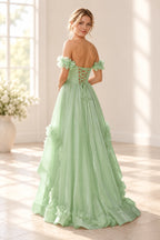 Romantic A Line Off Shoulder Lace Up Floor Length Prom Dress