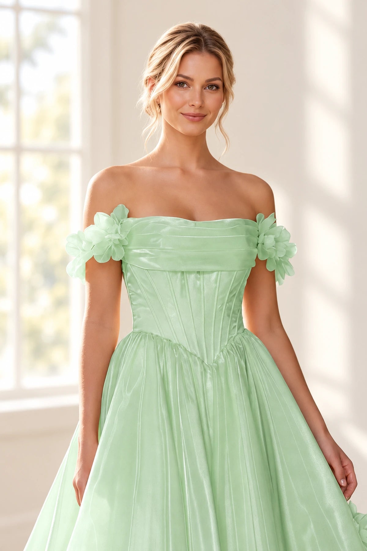 Romantic A Line Off Shoulder Lace Up Floor Length Prom Dress