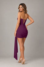 Elegant Sheath Strapless Lace-Up Back Draped Mini Homecoming Dress