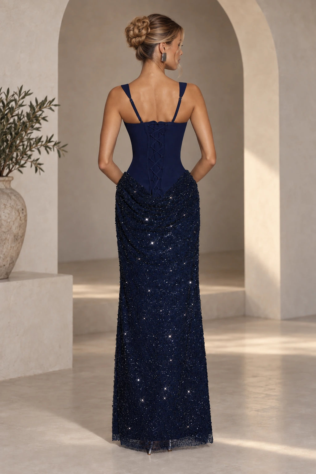Navy blue lace up back sequin evening dress with elegant fitted silhouette