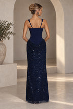 Navy blue lace up back sequin evening dress with elegant fitted silhouette