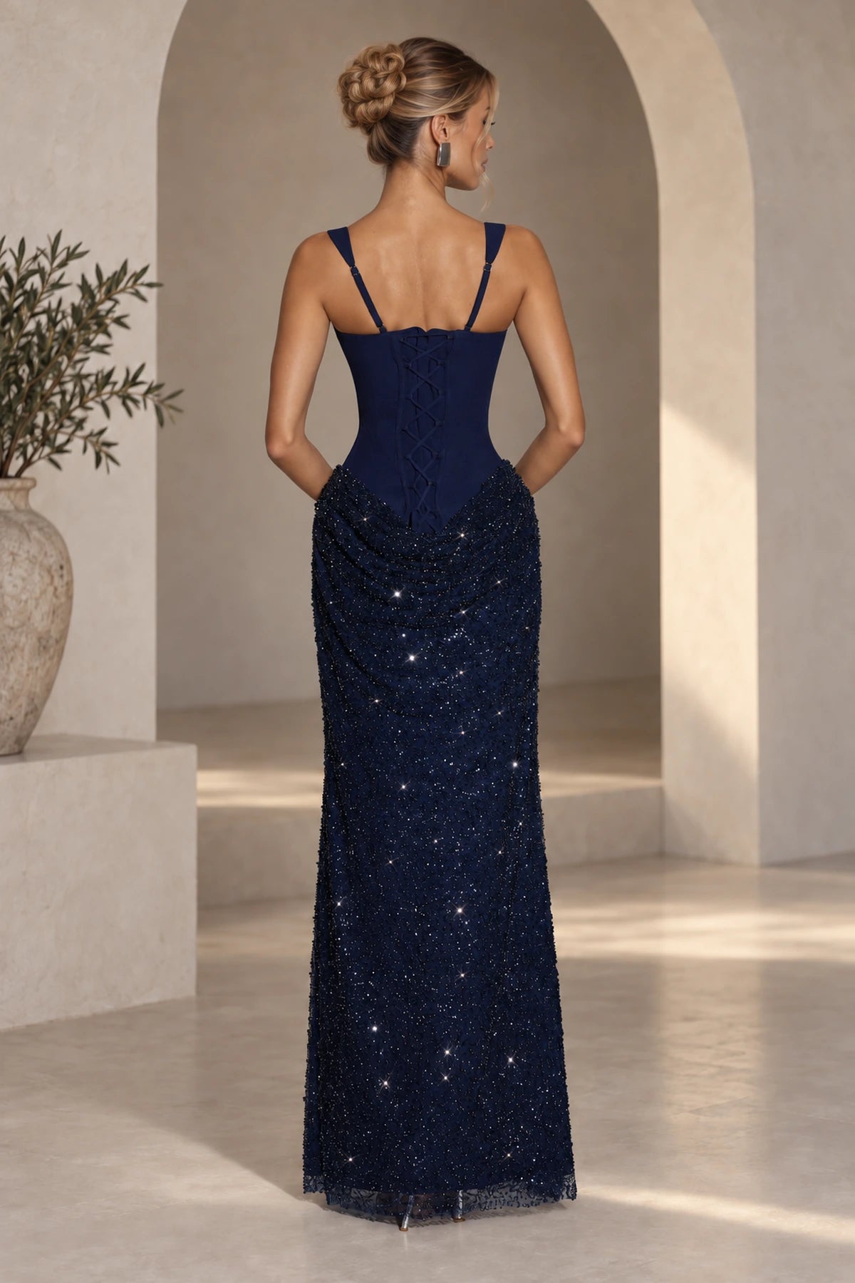 Navy blue lace up back sequin evening dress with elegant fitted silhouette