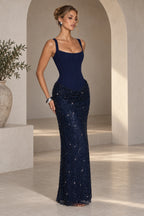 Navy blue square neck sequin sheath evening dress with sleeveless corset bodice