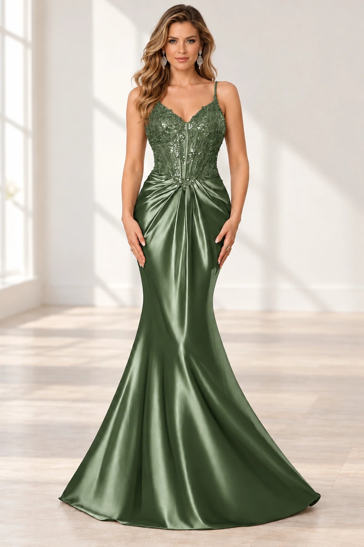 Elegant Satin Mermaid V-Neck Spaghetti Strap Lace-Up Back Prom Dress