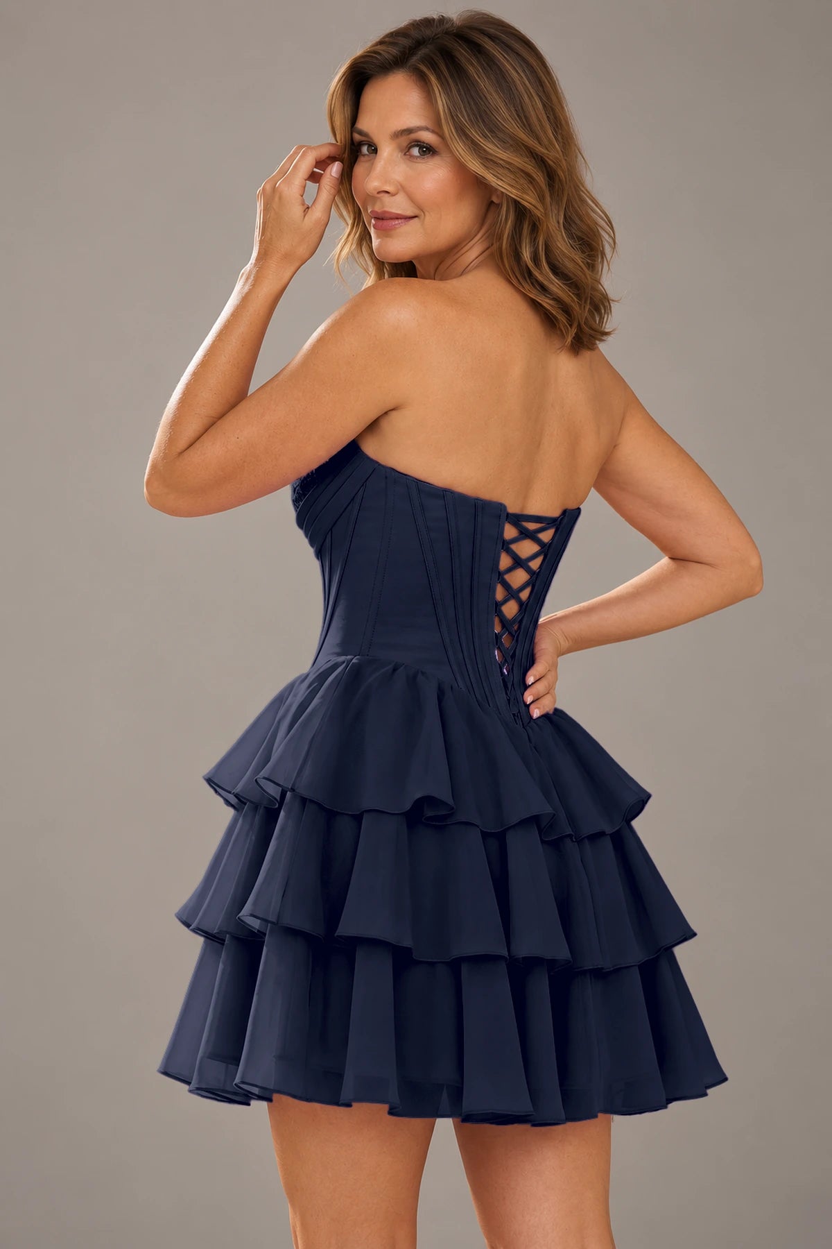 Romantic Fit and Flare Sweetheart Strapless Lace-Up Back Mini Homecoming Dress