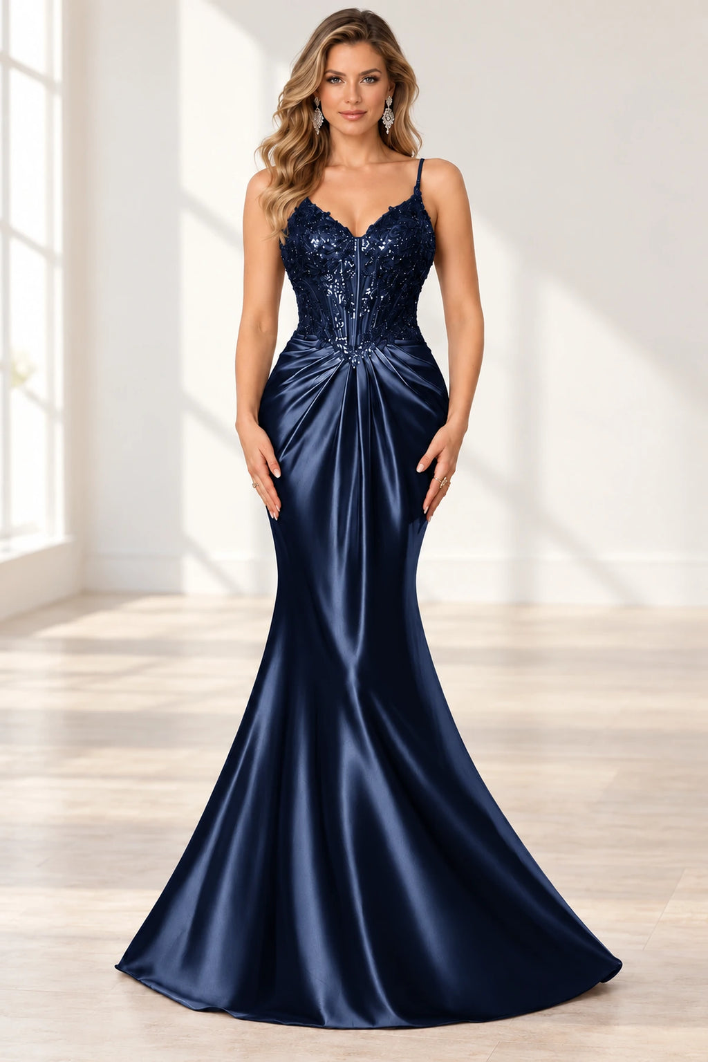 Elegant Satin Mermaid V-Neck Spaghetti Strap Lace-Up Back Prom Dress