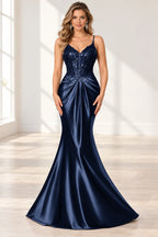 Elegant Satin Mermaid V-Neck Spaghetti Strap Lace-Up Back Prom Dress