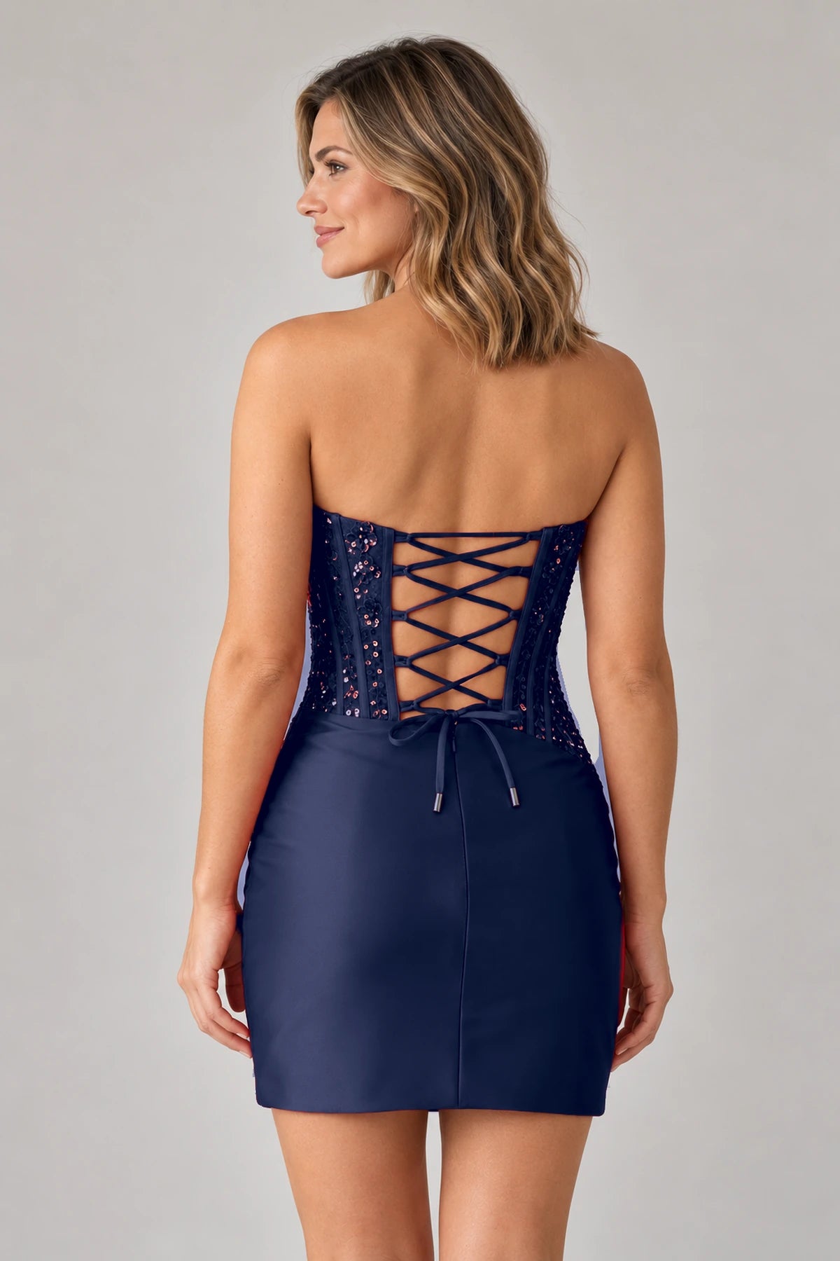 Elegant Sheath Straight Neck Strapless Lace-Up Back Mini Homecoming Dress