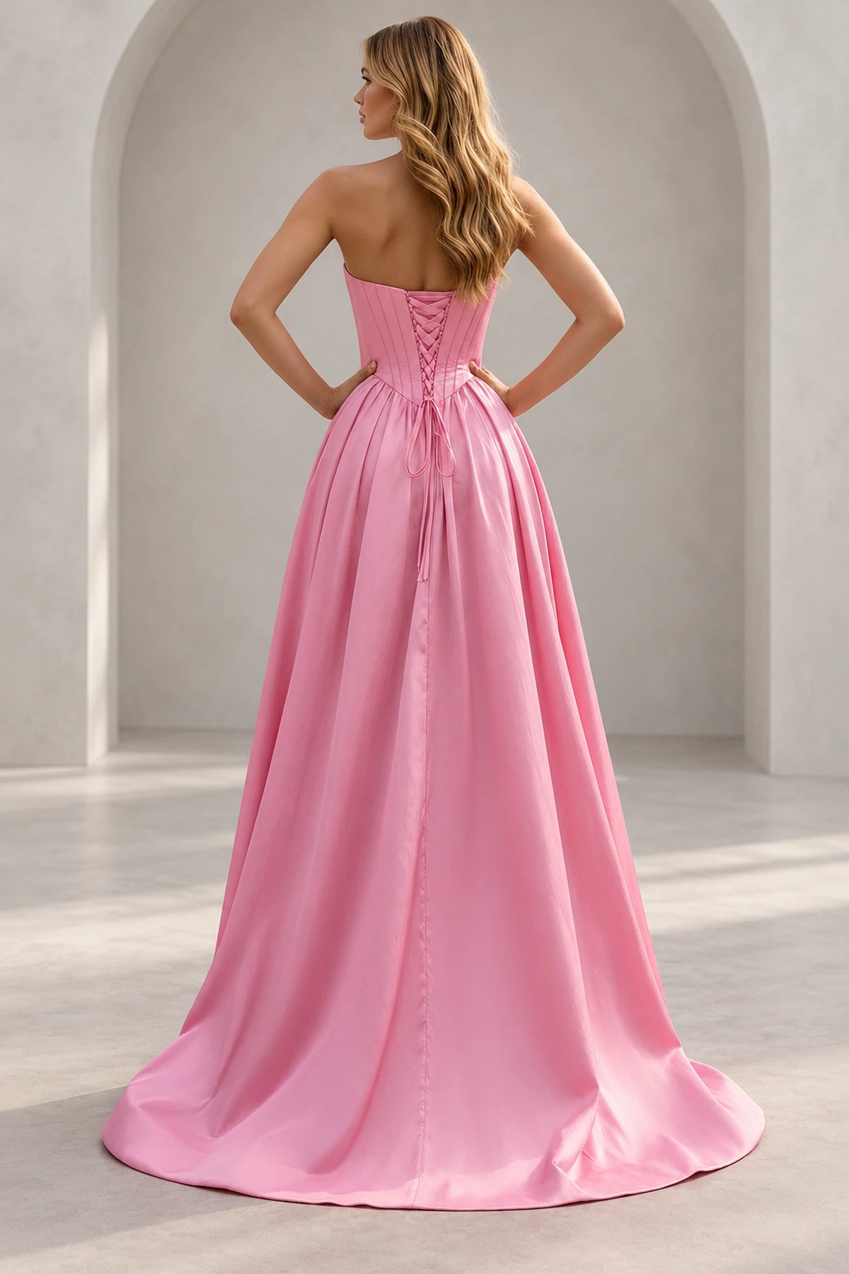 Regal A Line Straight Strapless Lace Up Floor Length Prom Dress