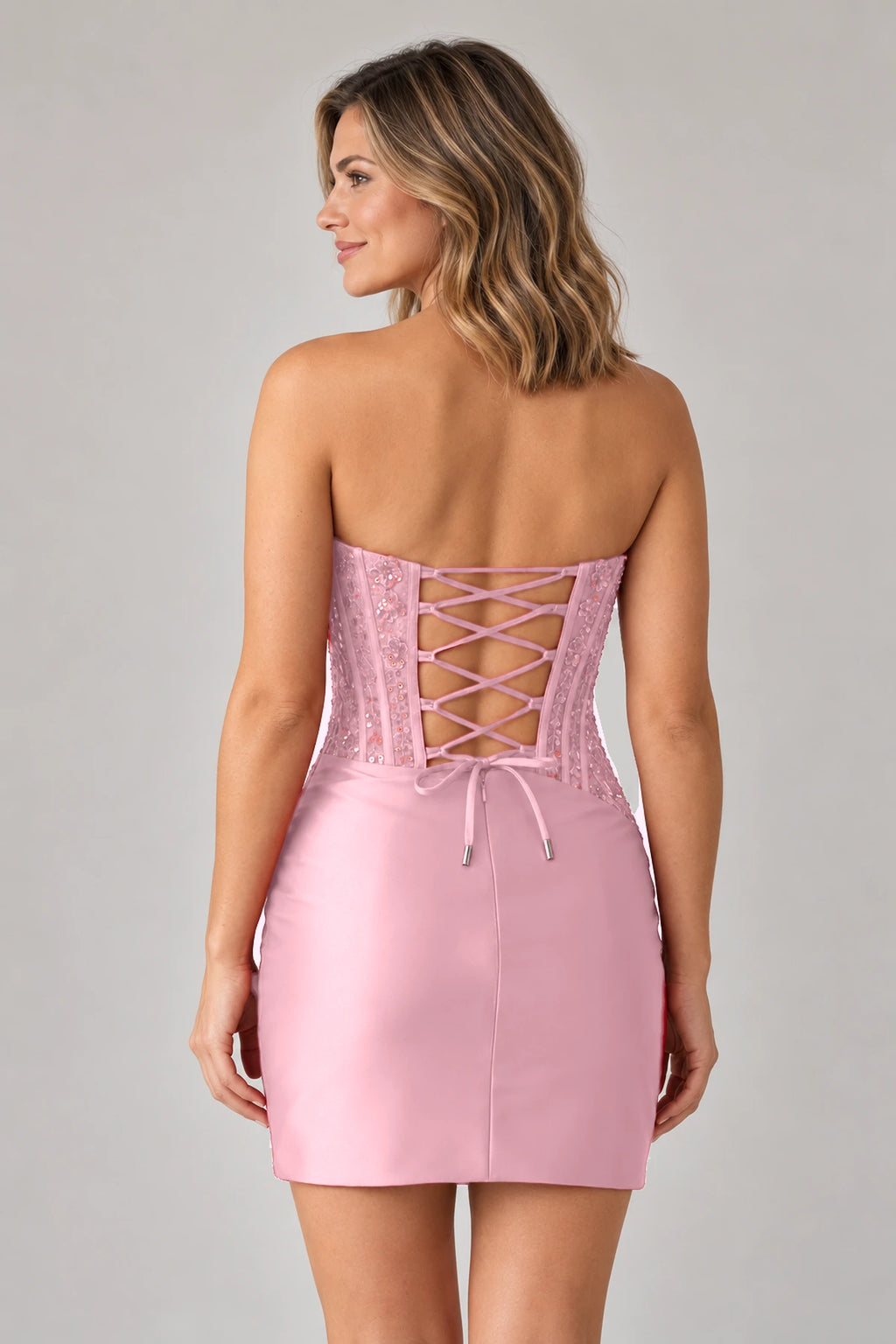 Elegant Sheath Straight Neck Strapless Lace-Up Back Mini Homecoming Dress