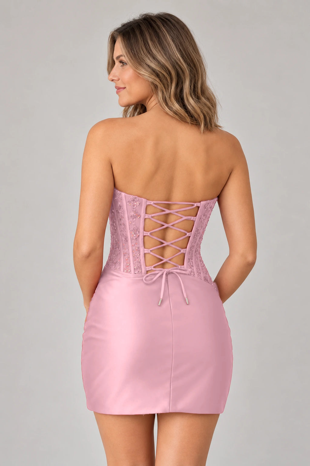 Elegant Sheath Straight Neck Strapless Lace-Up Back Mini Homecoming Dress