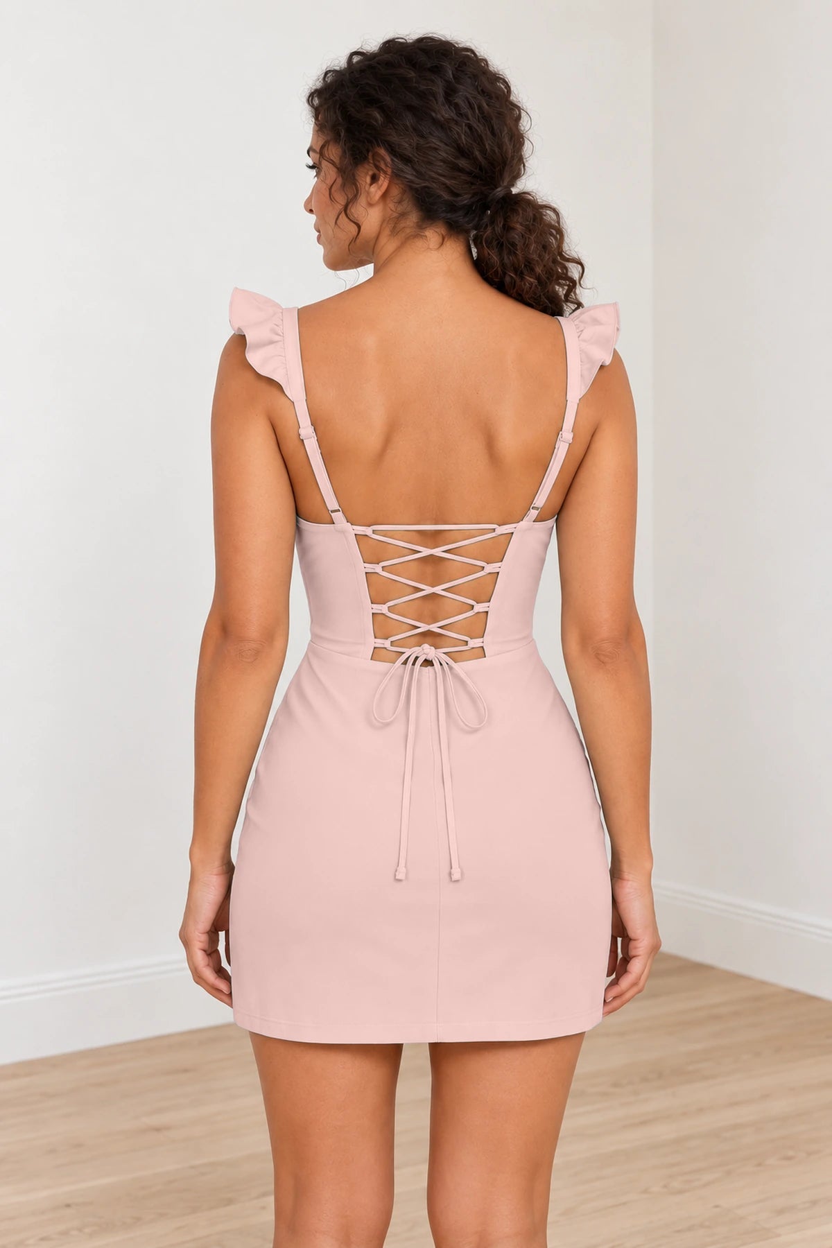Charming Sheath Sweetheart Ruffle Strap Lace-Up Back Mini Homecoming Dress