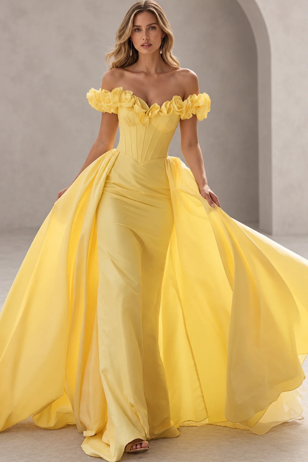 Dramatic Mermaid Sweetheart Off Shoulder Floral Sleeves Floor Length Prom Dress
