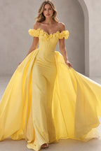 Dramatic Mermaid Sweetheart Off Shoulder Floral Sleeves Floor Length Prom Dress