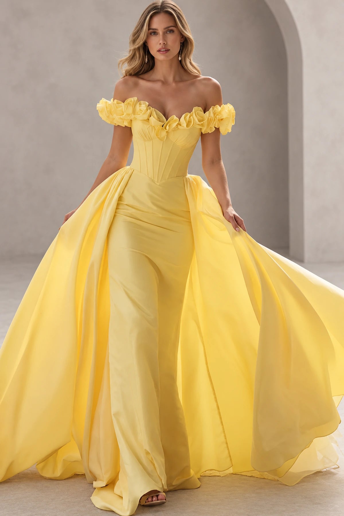 Dramatic Mermaid Sweetheart Off Shoulder Floral Sleeves Floor Length Prom Dress