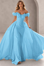 Dramatic Mermaid Sweetheart Off Shoulder Floral Sleeves Floor Length Prom Dress