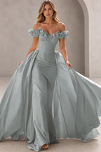 Dramatic Mermaid Sweetheart Off Shoulder Floral Sleeves Floor Length Prom Dress