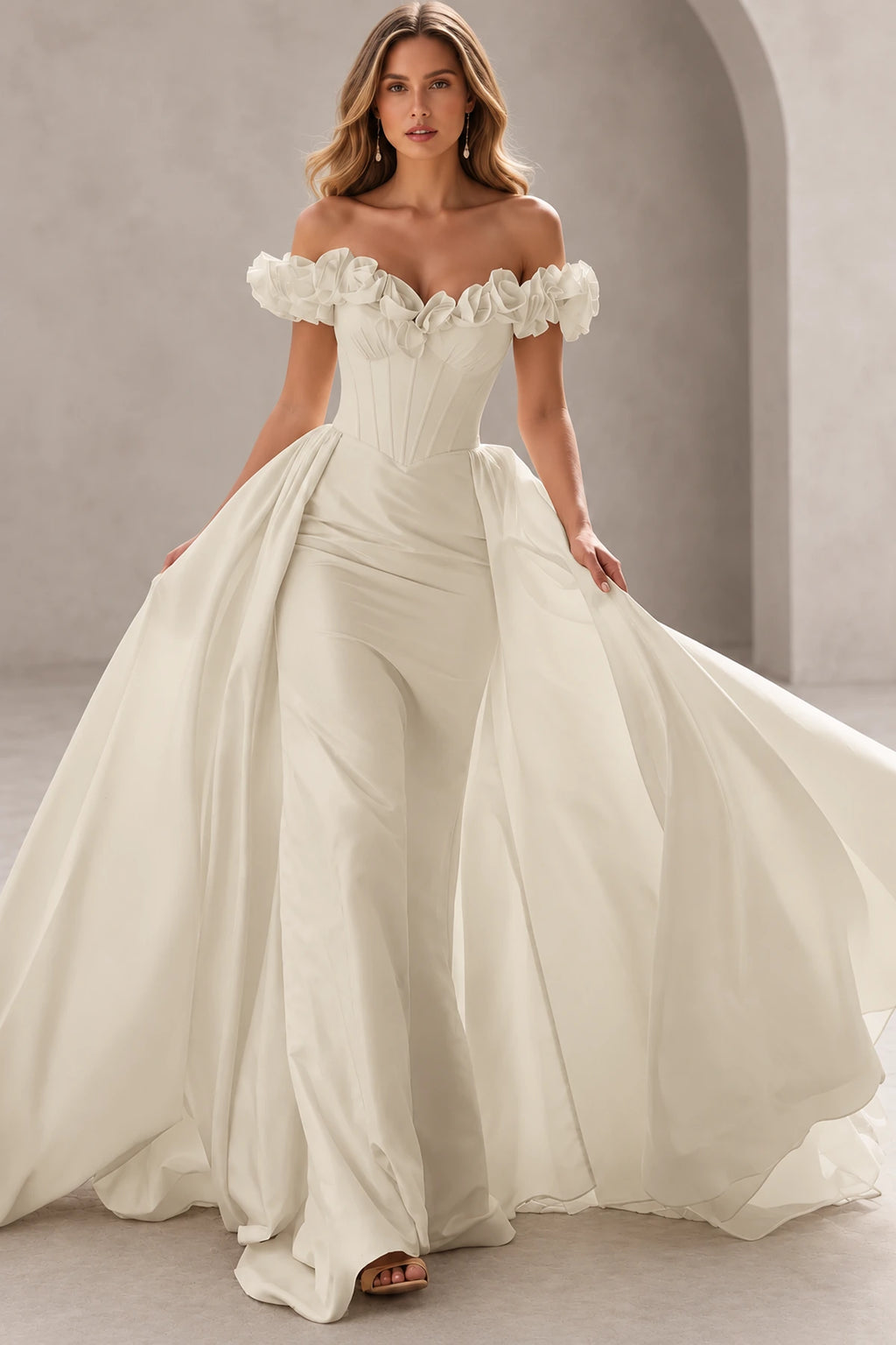 Dramatic Mermaid Sweetheart Off Shoulder Floral Sleeves Floor Length Prom Dress