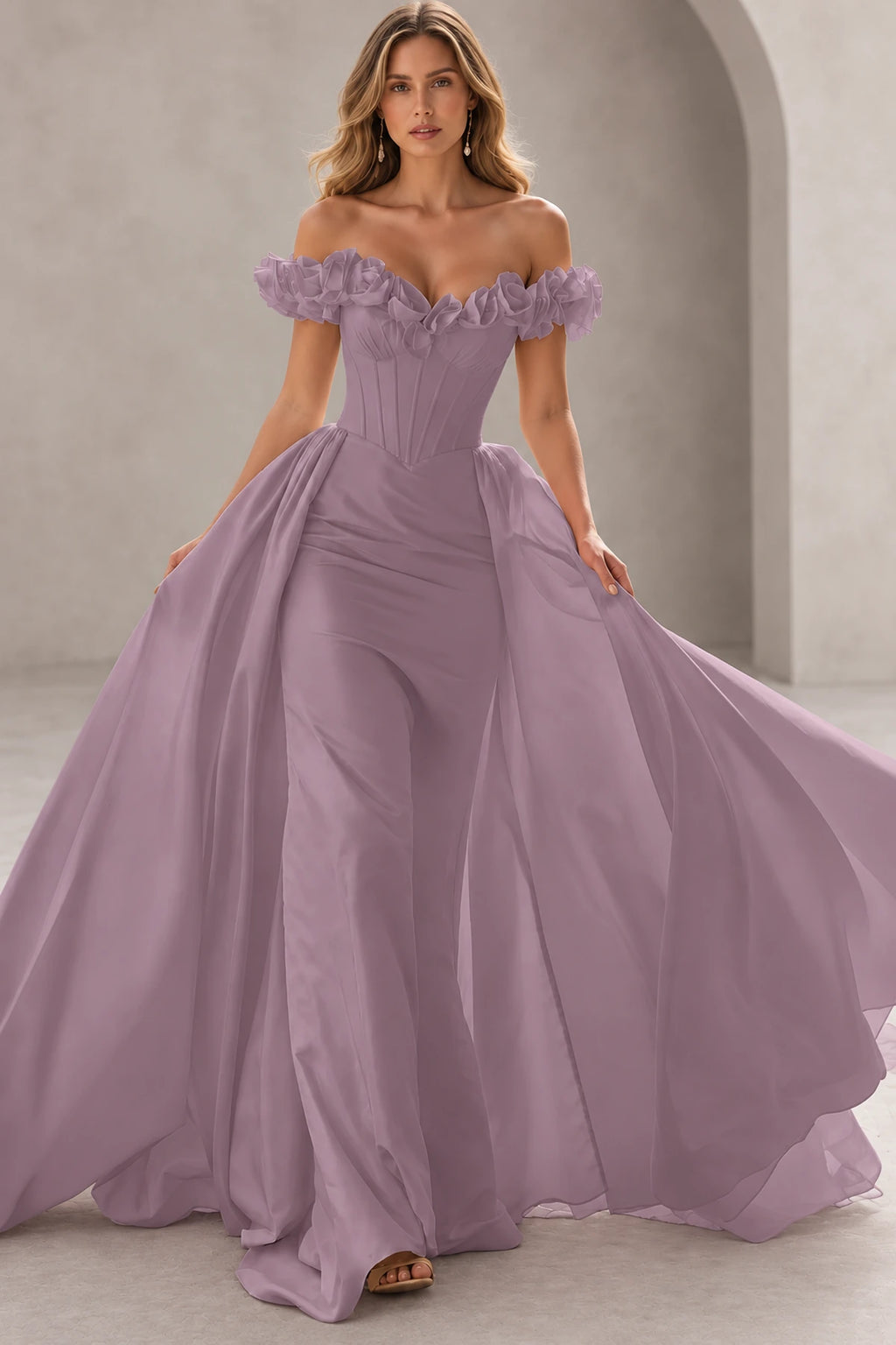 Dramatic Mermaid Sweetheart Off Shoulder Floral Sleeves Floor Length Prom Dress