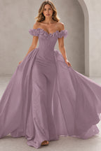 Dramatic Mermaid Sweetheart Off Shoulder Floral Sleeves Floor Length Prom Dress