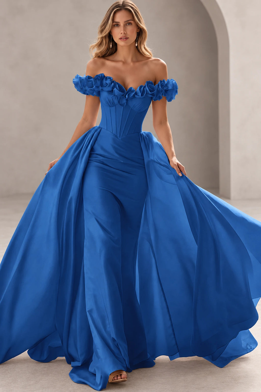 Dramatic Mermaid Sweetheart Off Shoulder Floral Sleeves Floor Length Prom Dress