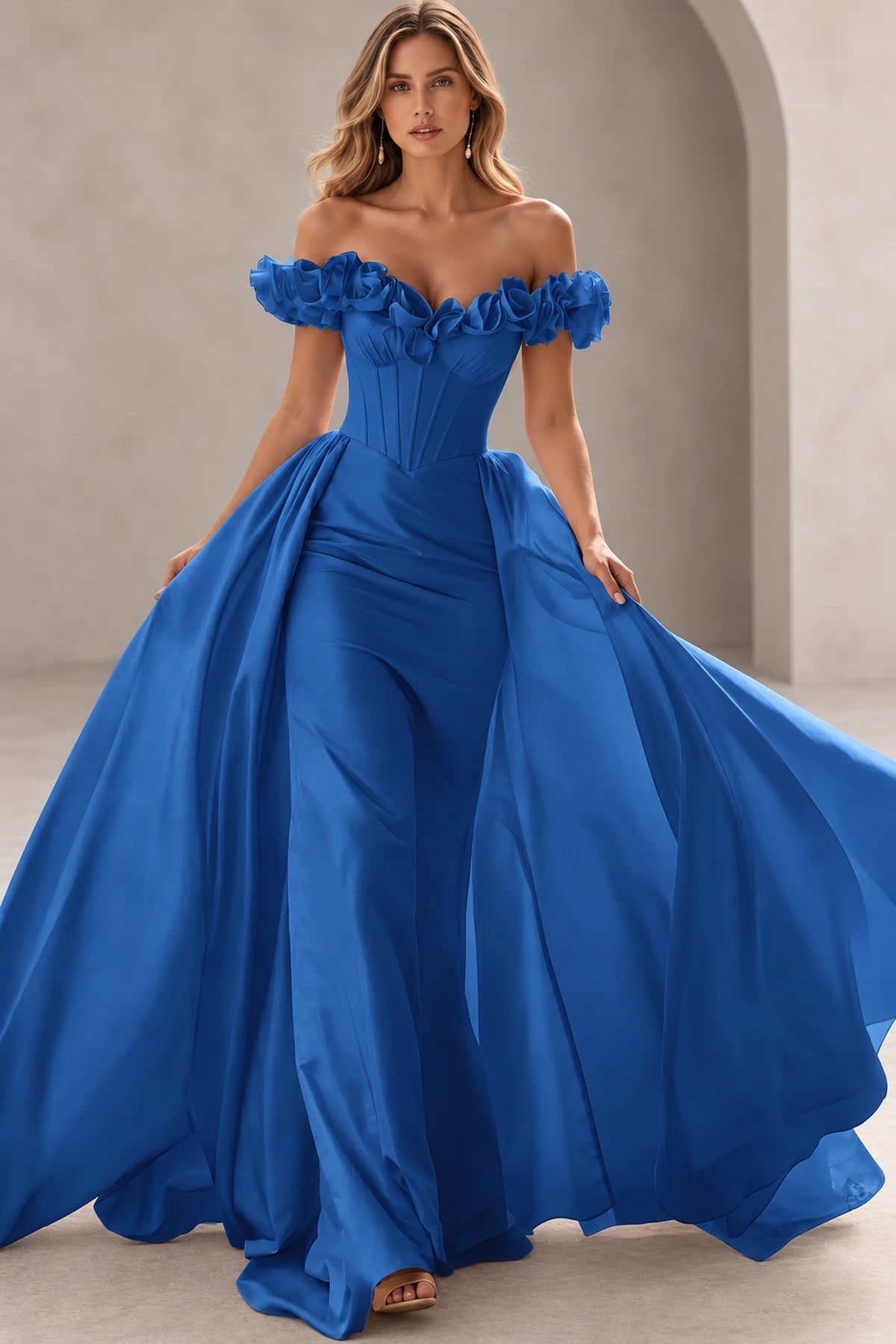 Dramatic Mermaid Sweetheart Off Shoulder Floral Sleeves Floor Length Prom Dress