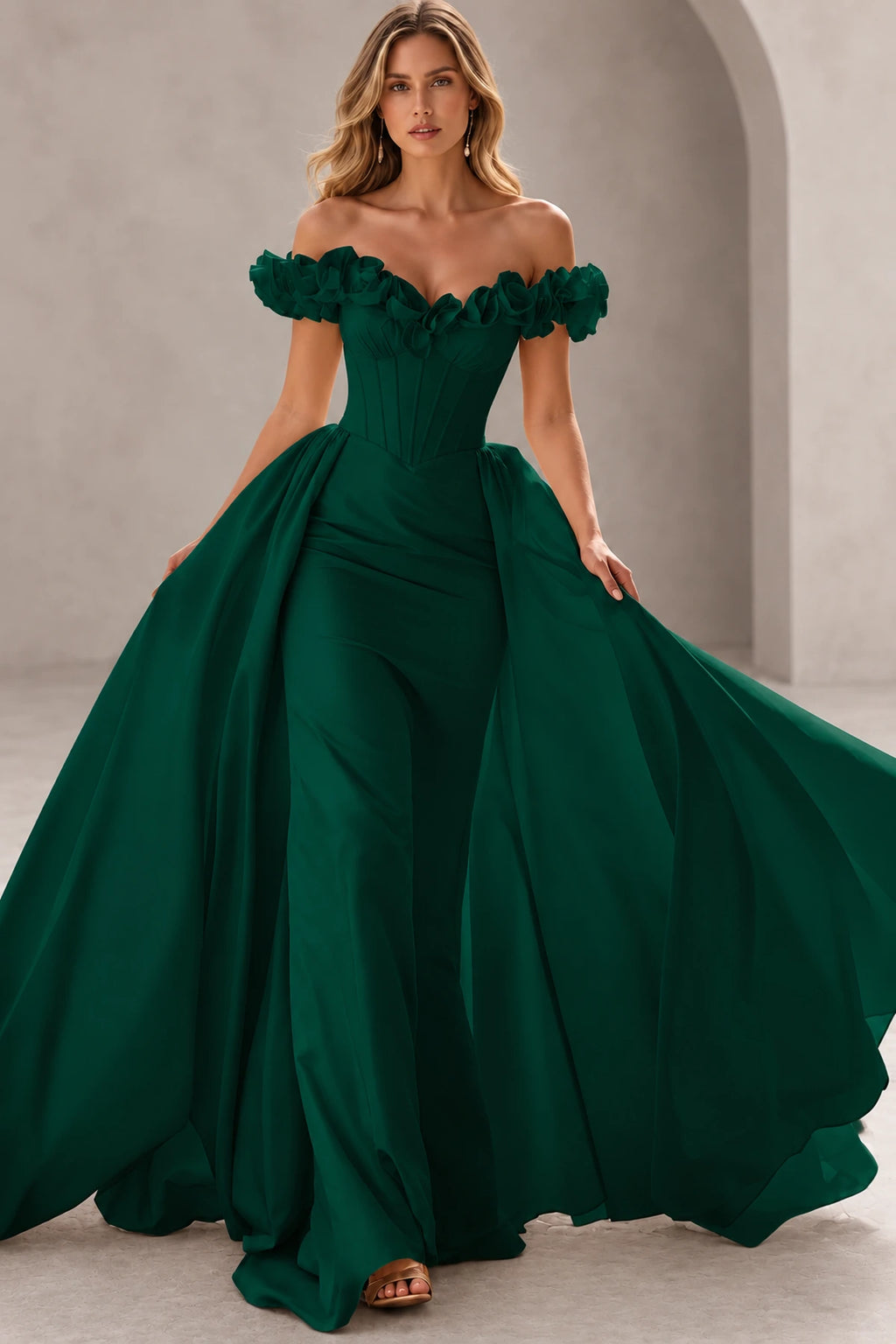 Dramatic Mermaid Sweetheart Off Shoulder Floral Sleeves Floor Length Prom Dress
