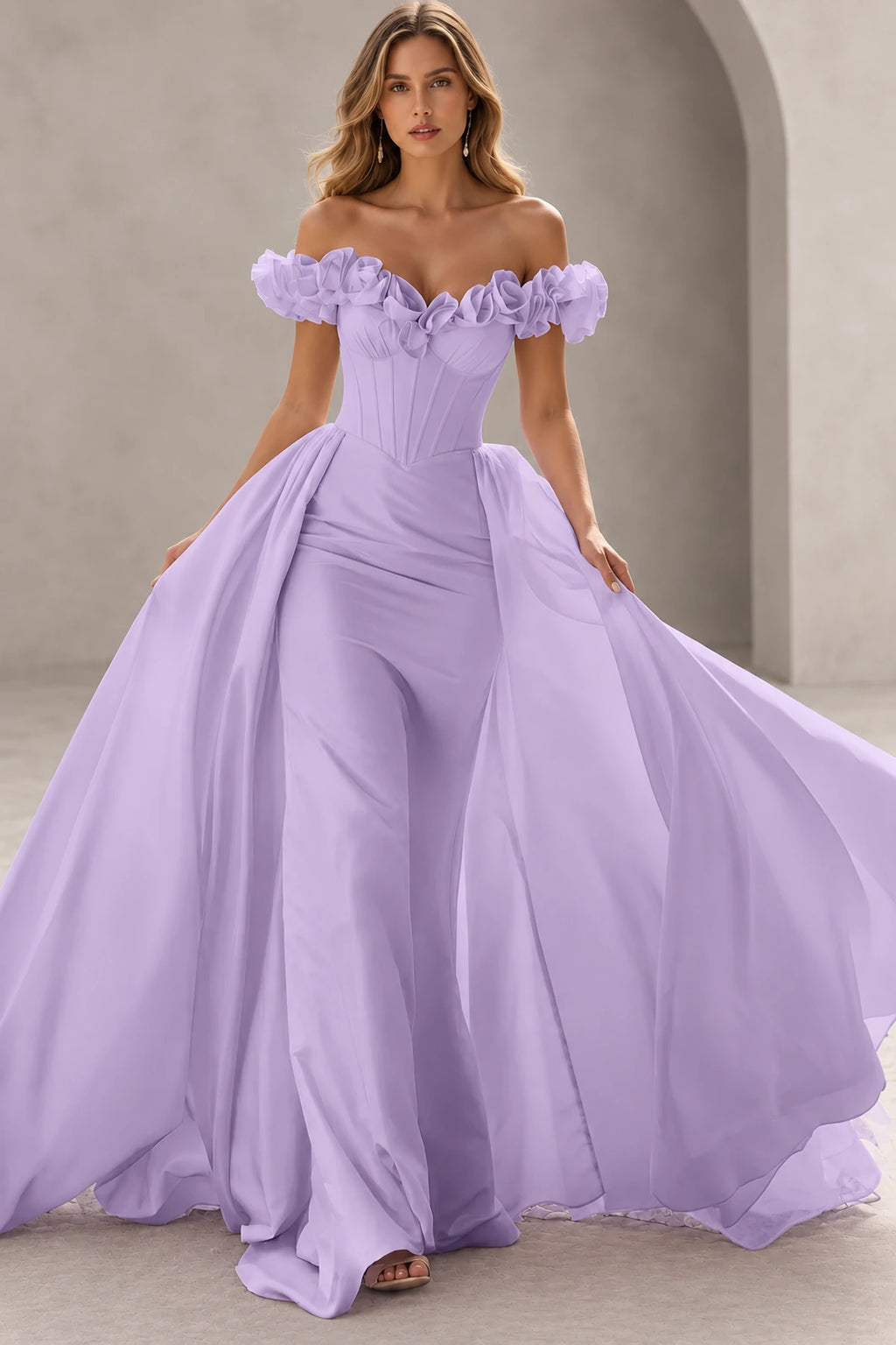 Dramatic Mermaid Sweetheart Off Shoulder Floral Sleeves Floor Length Prom Dress