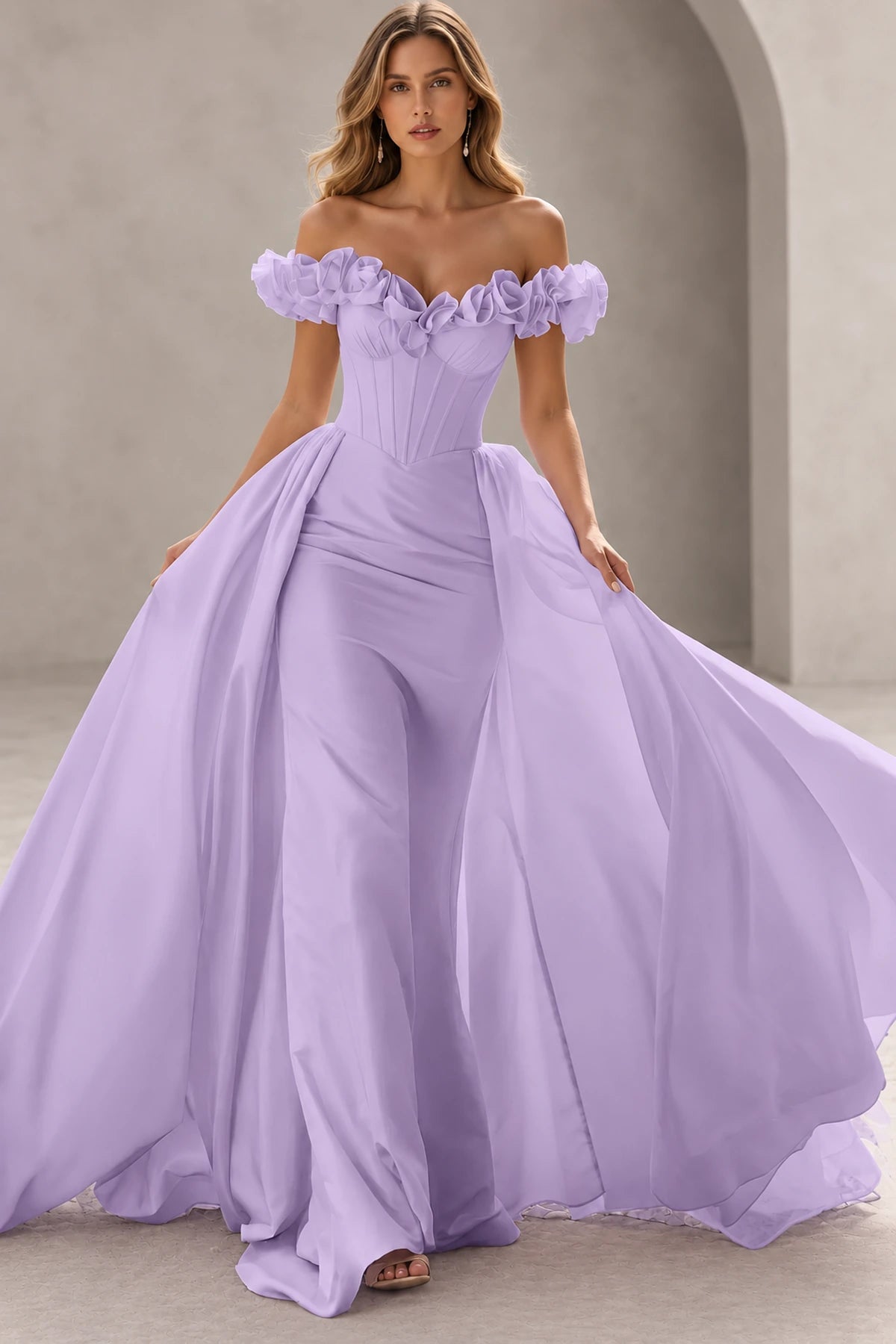 Dramatic Mermaid Sweetheart Off Shoulder Floral Sleeves Floor Length Prom Dress