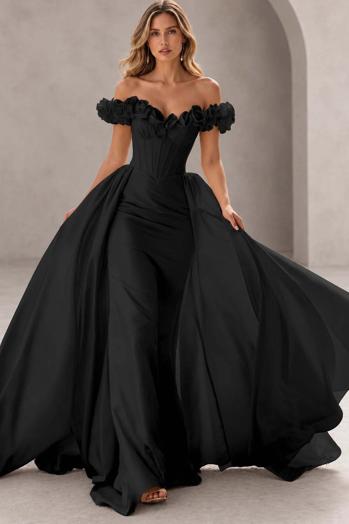 Dramatic Mermaid Sweetheart Off Shoulder Floral Sleeves Floor Length Prom Dress