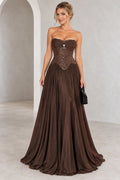 Elegant chocolate brown chiffon prom dress front view featuring a sweetheart neckline, ruched bust, beaded corset, pointed Basque waist and long A-line skirt