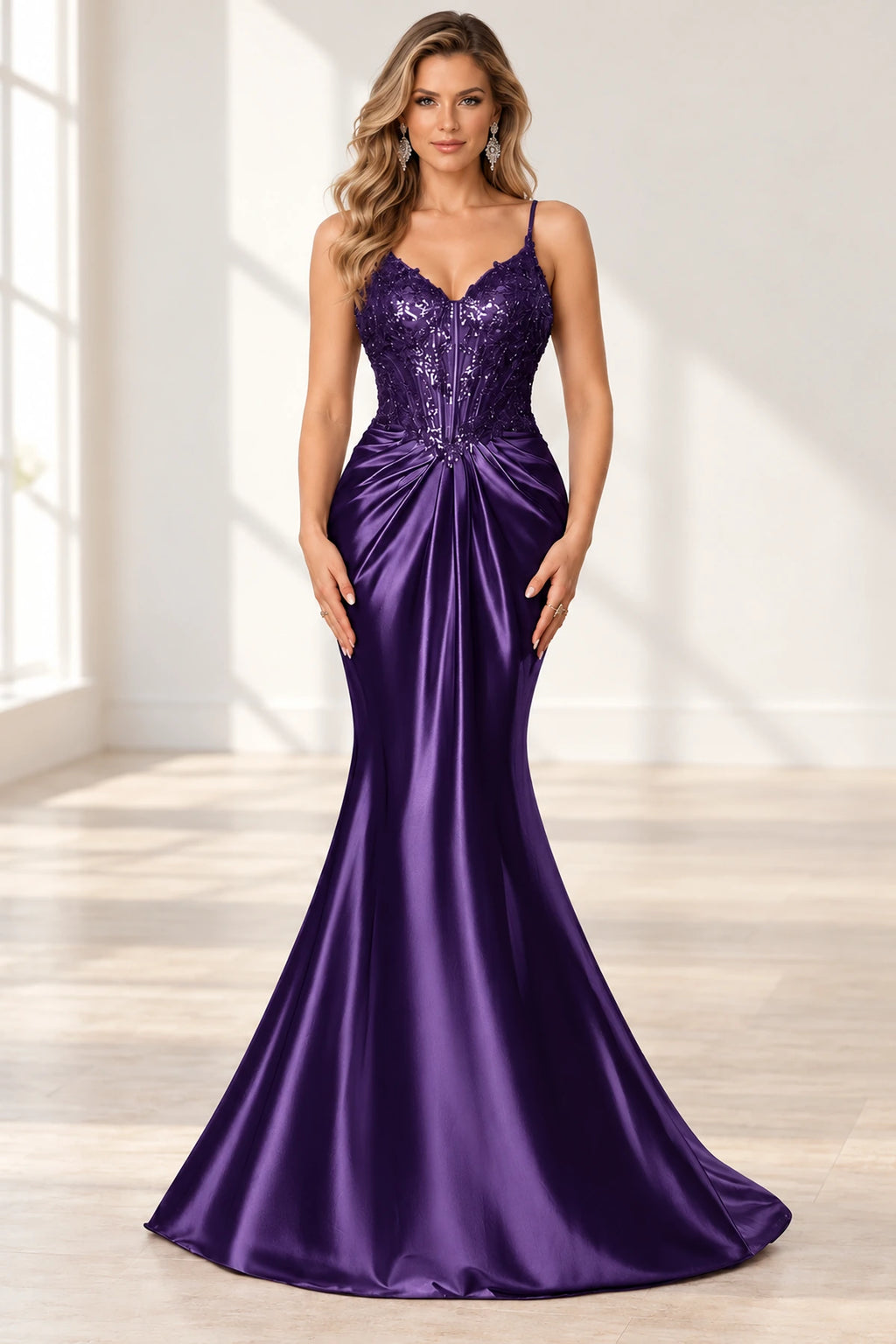 Elegant Satin Mermaid V-Neck Spaghetti Strap Lace-Up Back Prom Dress