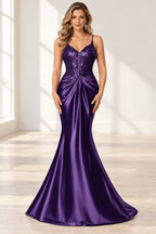 Elegant Satin Mermaid V-Neck Spaghetti Strap Lace-Up Back Prom Dress