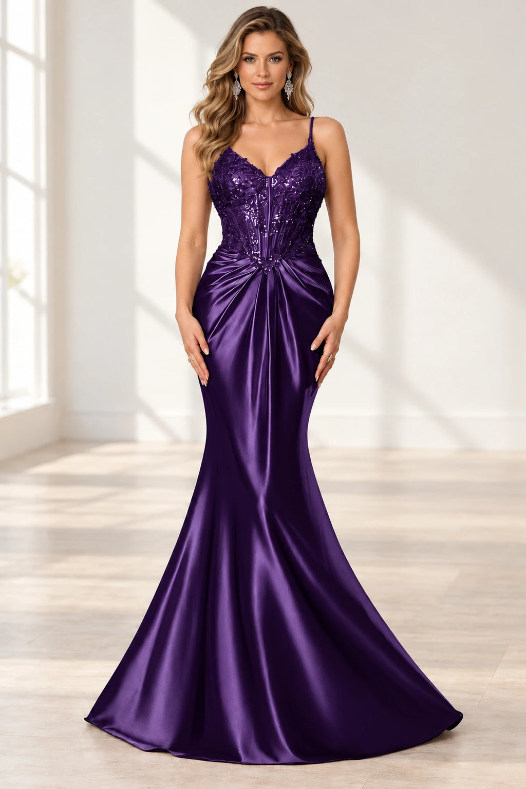 Elegant Satin Mermaid V-Neck Spaghetti Strap Lace-Up Back Prom Dress