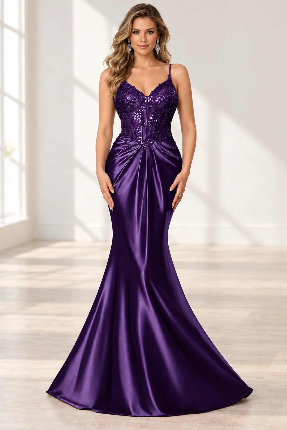 Elegant Satin Mermaid V-Neck Spaghetti Strap Lace-Up Back Prom Dress