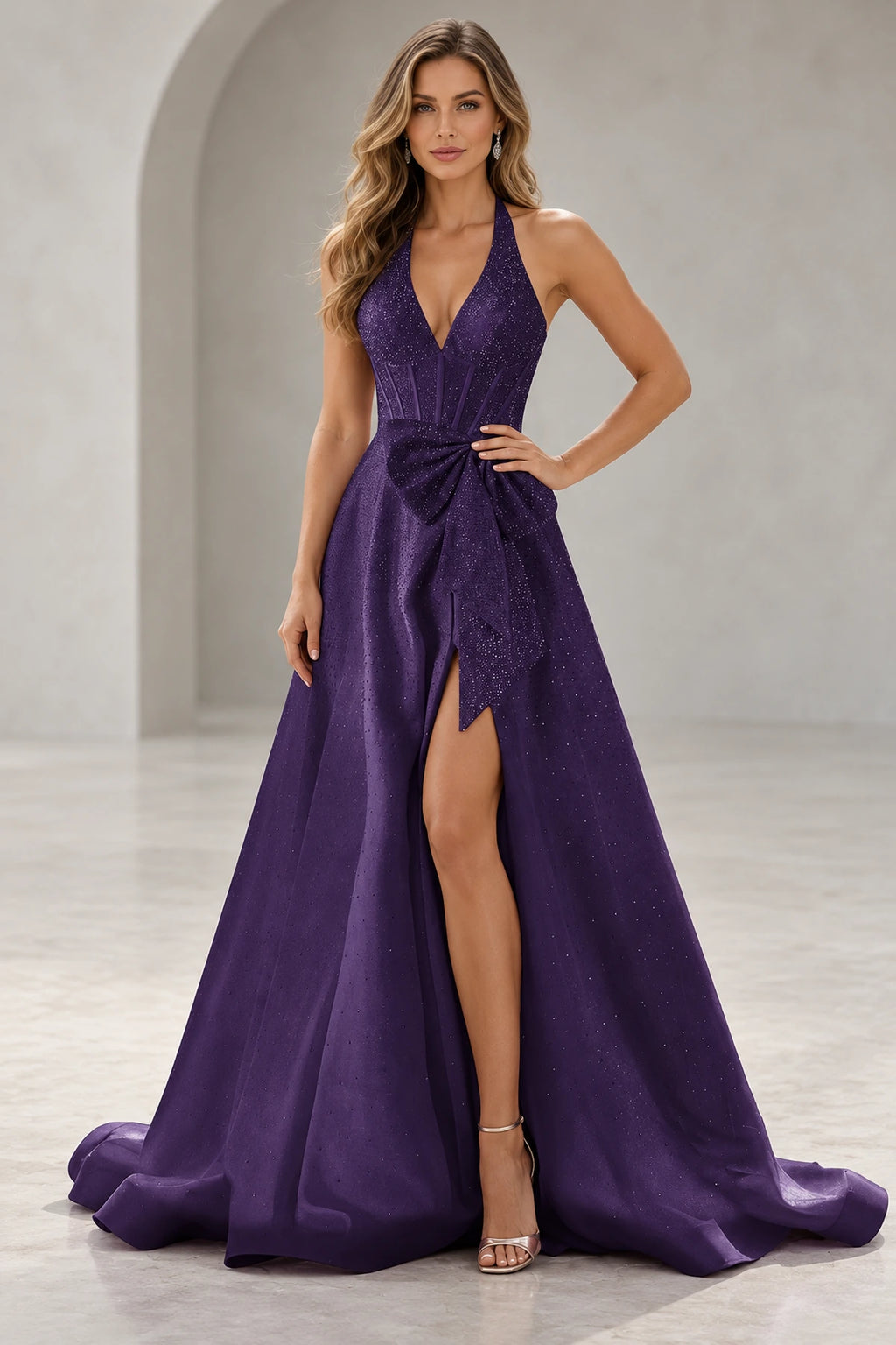Regal A Line Halter Sleeveless Lace Up Floor Length Prom Dress