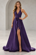 Regal A Line Halter Sleeveless Lace Up Floor Length Prom Dress