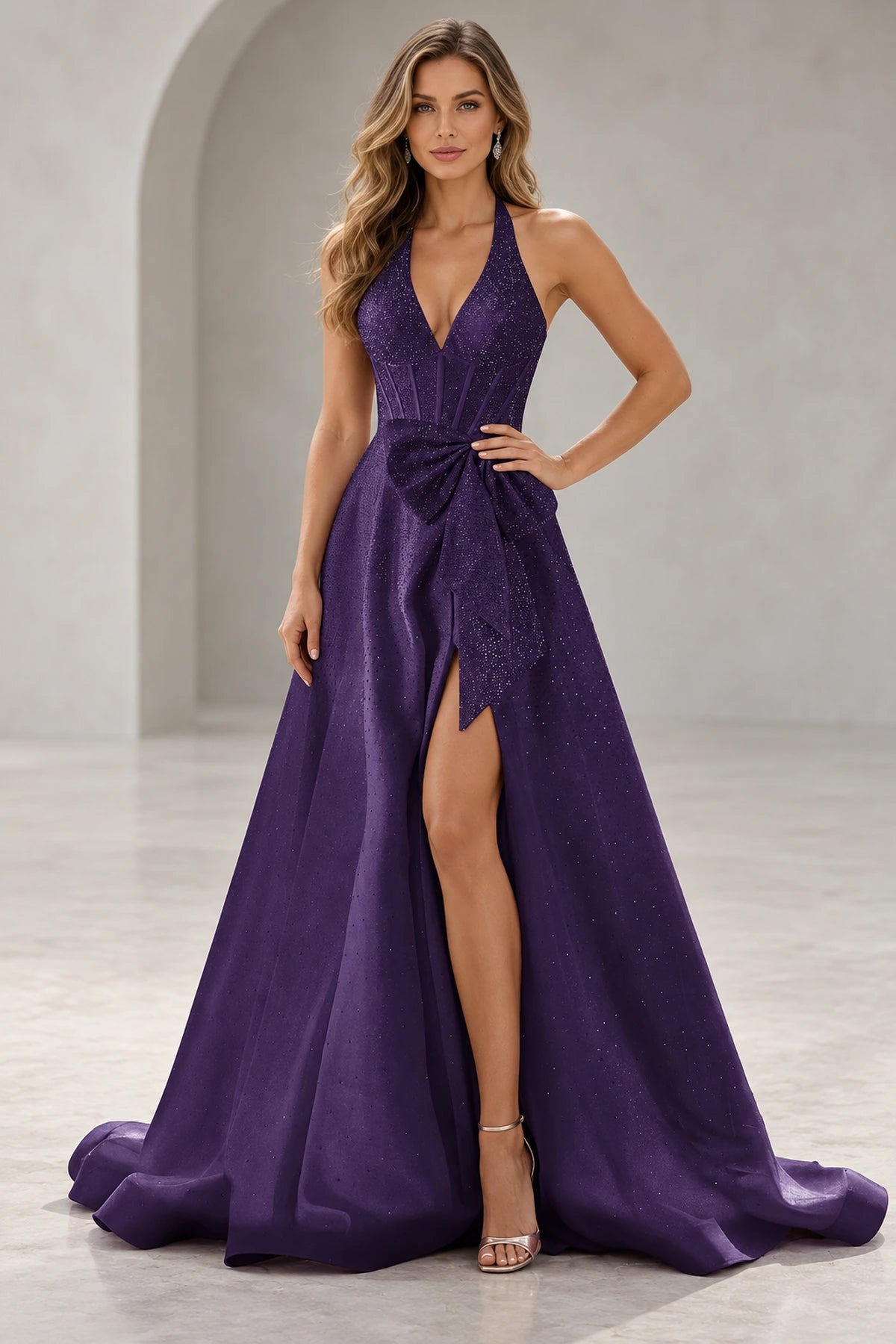 Regal A Line Halter Sleeveless Lace Up Floor Length Prom Dress